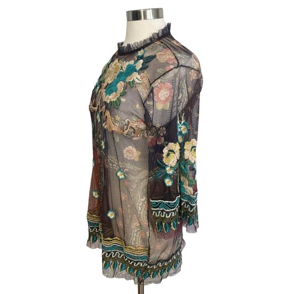 Johnny Was MEDIUM Renley Floral Embroidered Sheer Ruffle 3/4 Length Sleeve Top - Picture 5 of 12